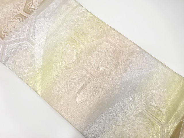 アンティーク　檜扇に花亀甲・古典柄模様織出し袋帯（着用可）